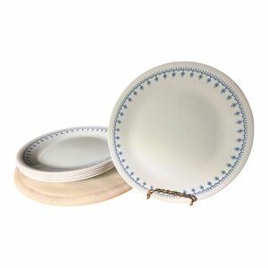 Seven Corelle Snowflake Blue 8.5" Lunch / Salad Plates - Retro Winter Snowflake